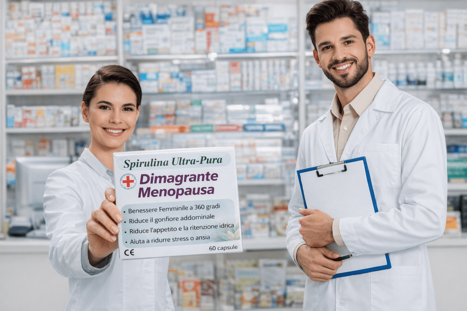 Dottoressa con prodotto e dottore affianco