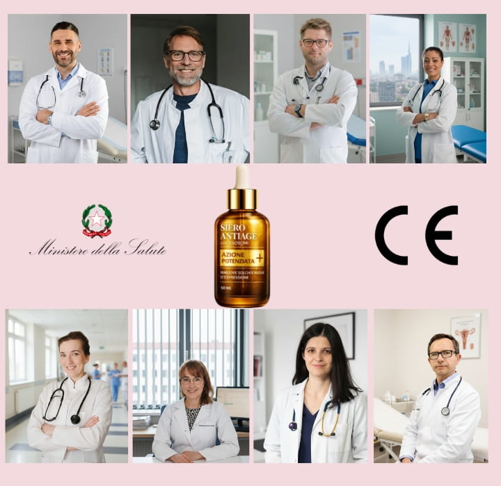 Collage con professionisti dell’estetica e siero antiage con esosomi per rughe della fronte