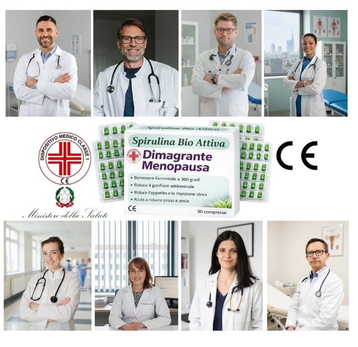Collage con professionisti sanitari e confezione Spirulina Ultra-Pura Dimagrante Menopausa